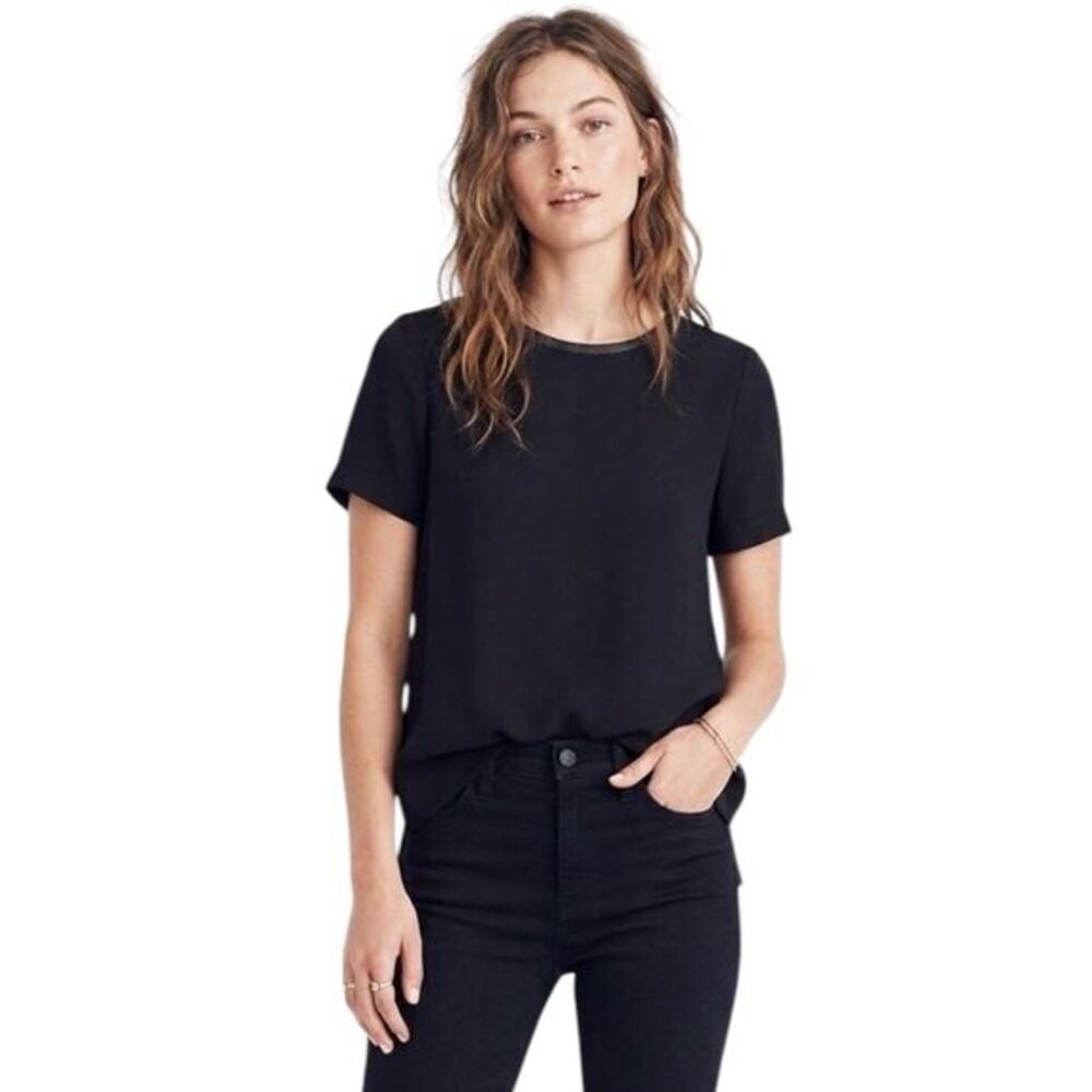 Madewell Womens BlouseLeather Trim Short Sleeve Bohemian Boho Elegant Sz Small
